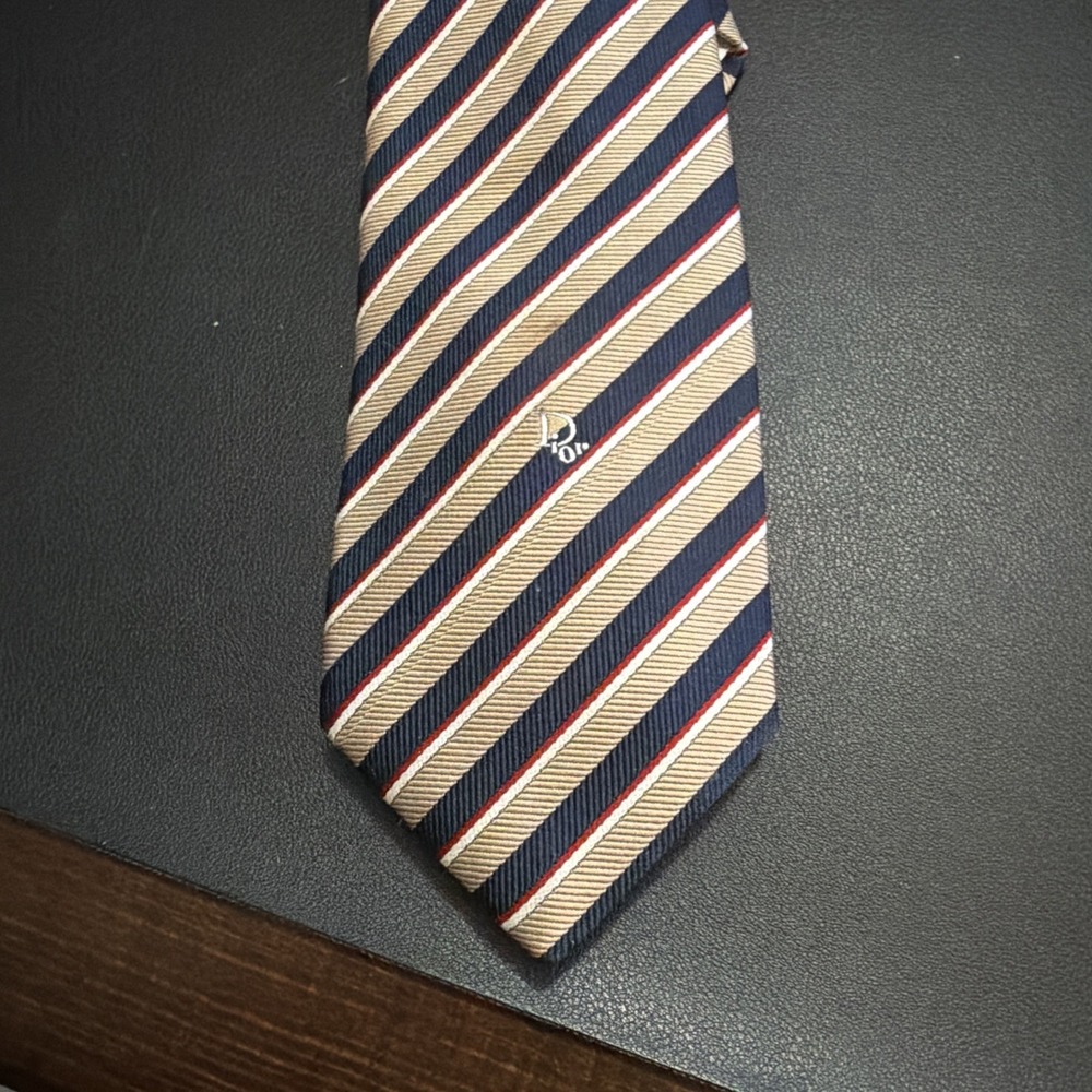 Vintage Christian Dior Silk Blend Striped Tie In Navy, Tan, And Red!